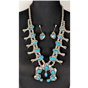 VINTAGE Navajo Squash Blossom Necklace & Earring Set - STERLING VV Artist Mark